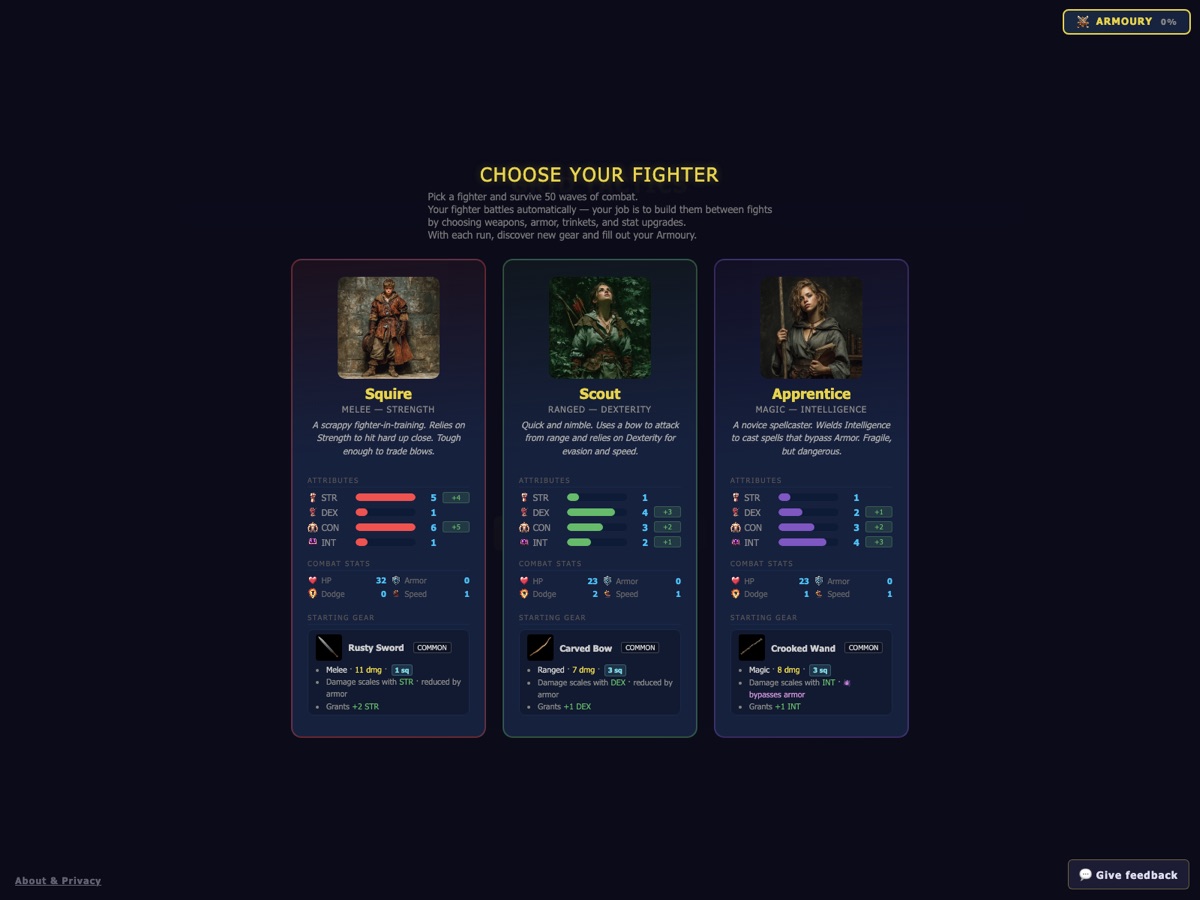 Battle Grid — choose your fighter: Squire, Scout, or Apprentice, then survive 50 waves