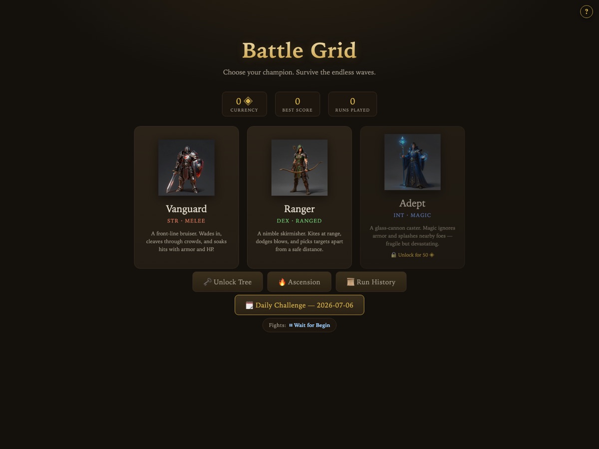 Battle Grid rebuild — choose your champion, with unlock tree, ascension, and daily challenges