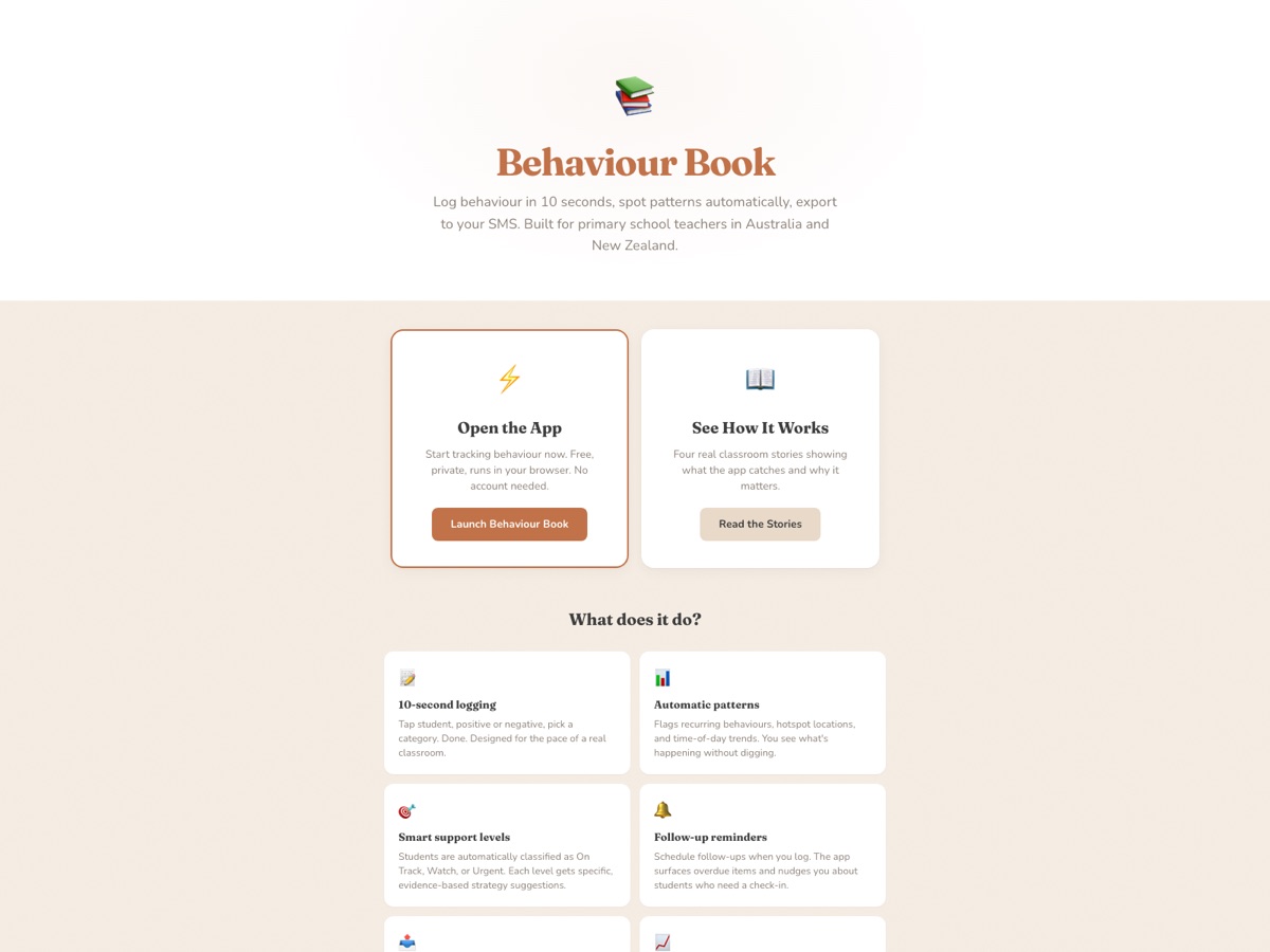 Behaviour Book landing page — log behaviour in 10 seconds, built for AU & NZ primary teachers