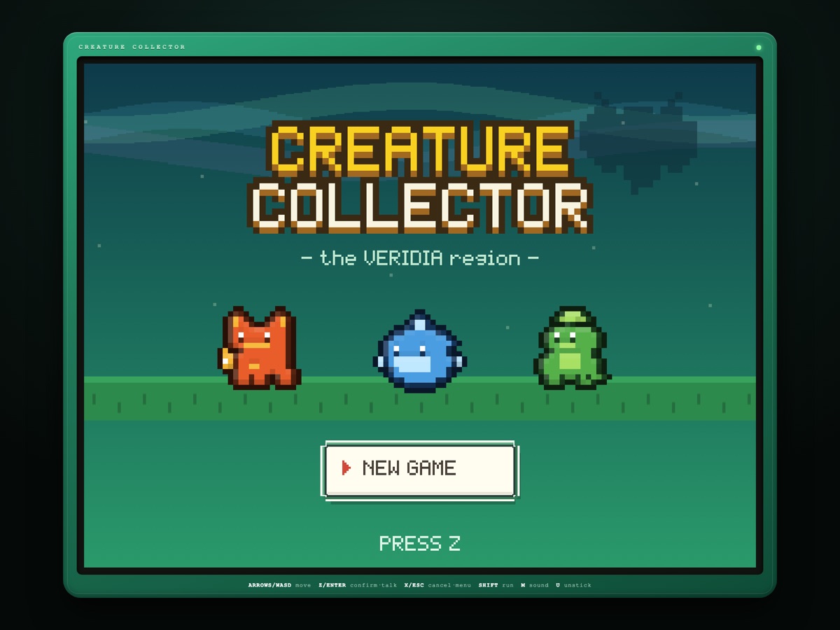 Creature Collector title screen — the Veridia region, with three pixel-art starter creatures
