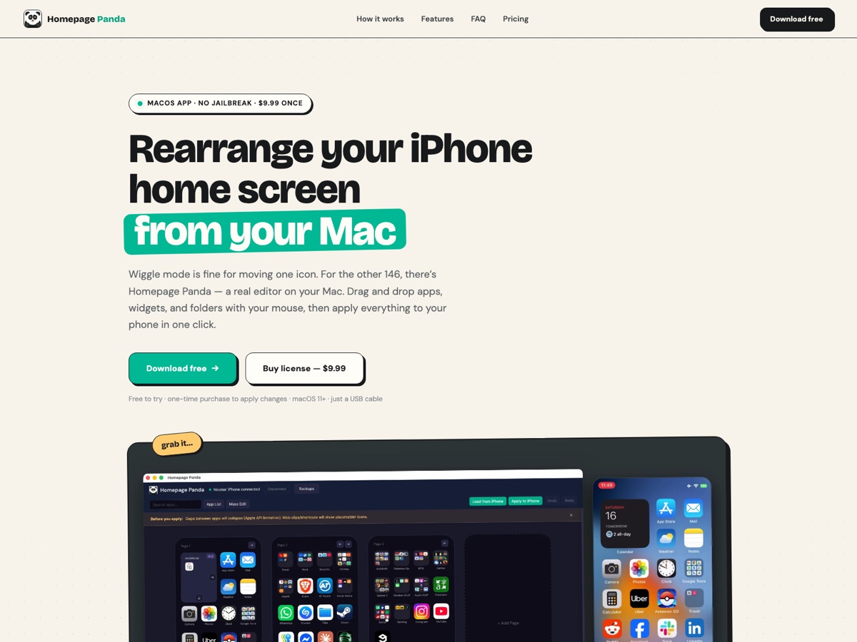 Homepage Panda — a macOS editor rearranging an iPhone home screen from a Mac