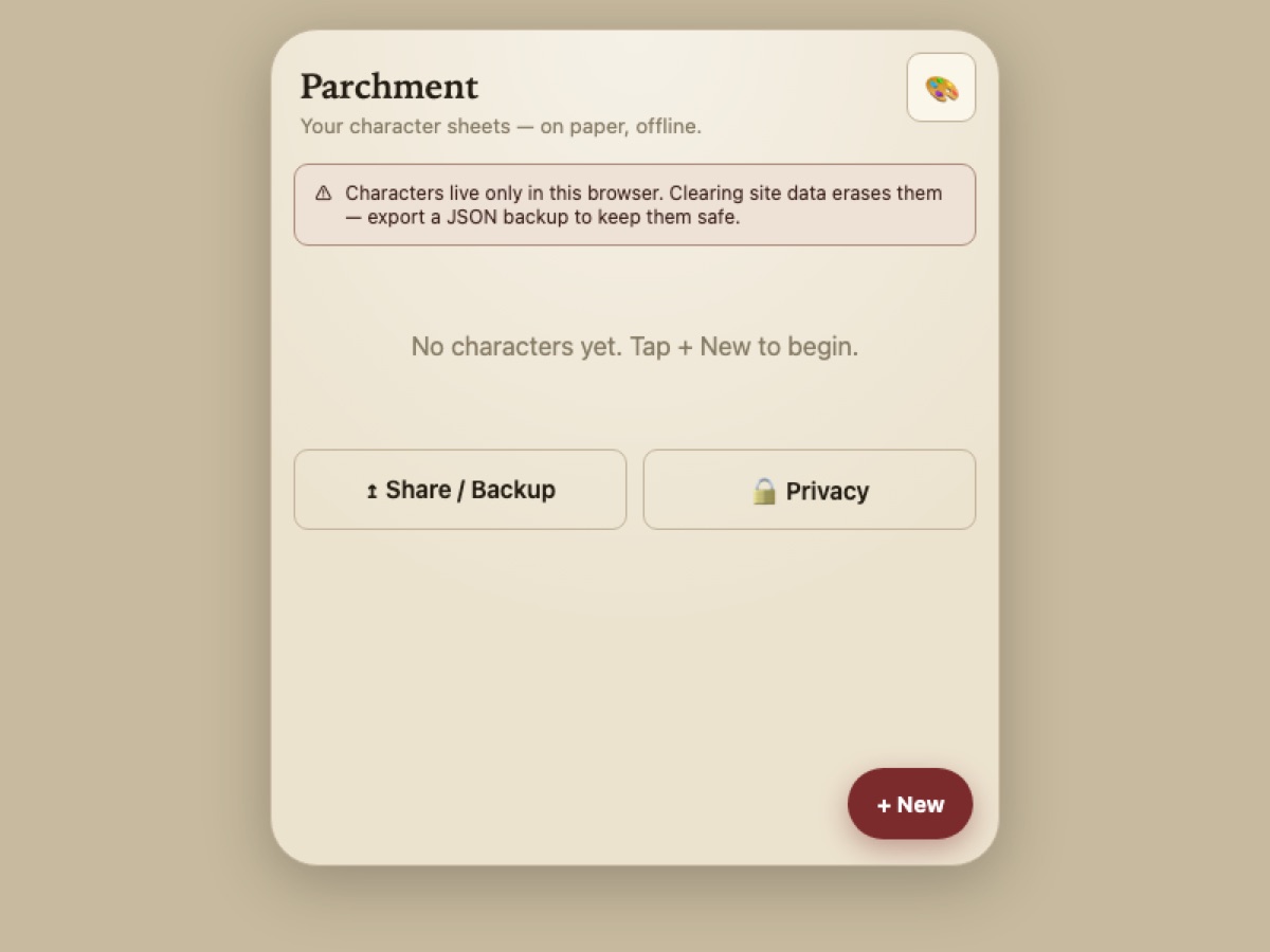 Parchment — character sheets on paper, offline, with share and privacy controls
