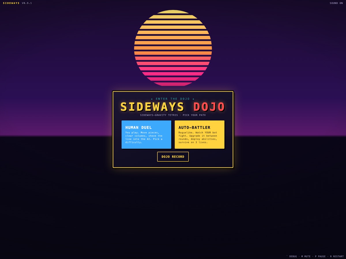 Sideways Dojo title screen — a synthwave sun over the mode-select dojo